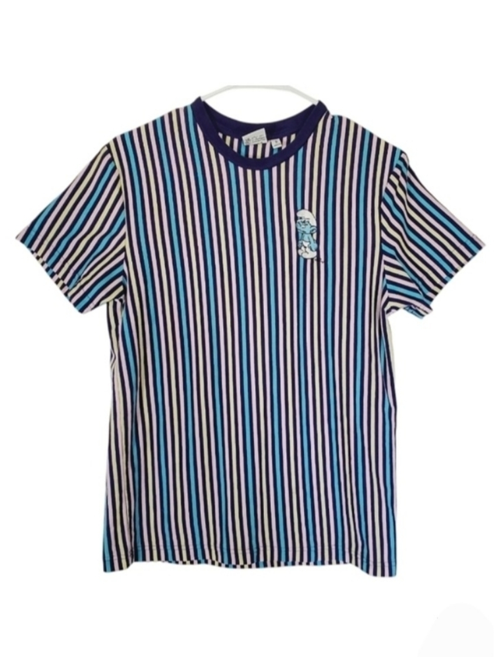 1524 * Smurfs Vertical Stripe Tee Blue Pink Teal Size S